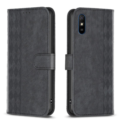 Black plaid-embossed leather phone case with flip folio cover and side strap