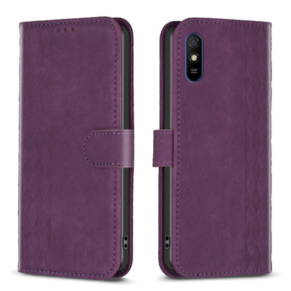 Purple leather phone case with folio strap and plaid embossed texture.