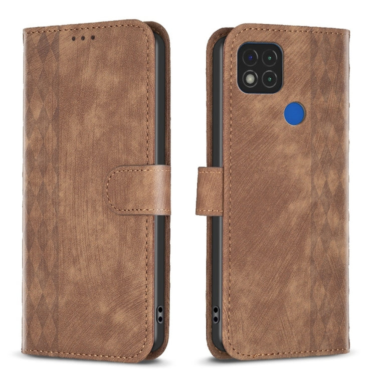 Brown leather phone case with folio strap and plaid embossed texture, blue button on back.