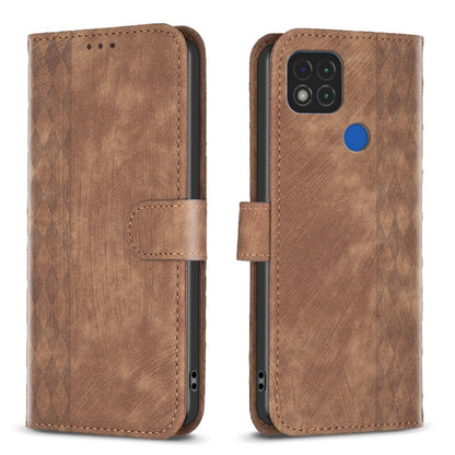 Brown leather phone case with folio strap and plaid embossed texture, blue button on back.