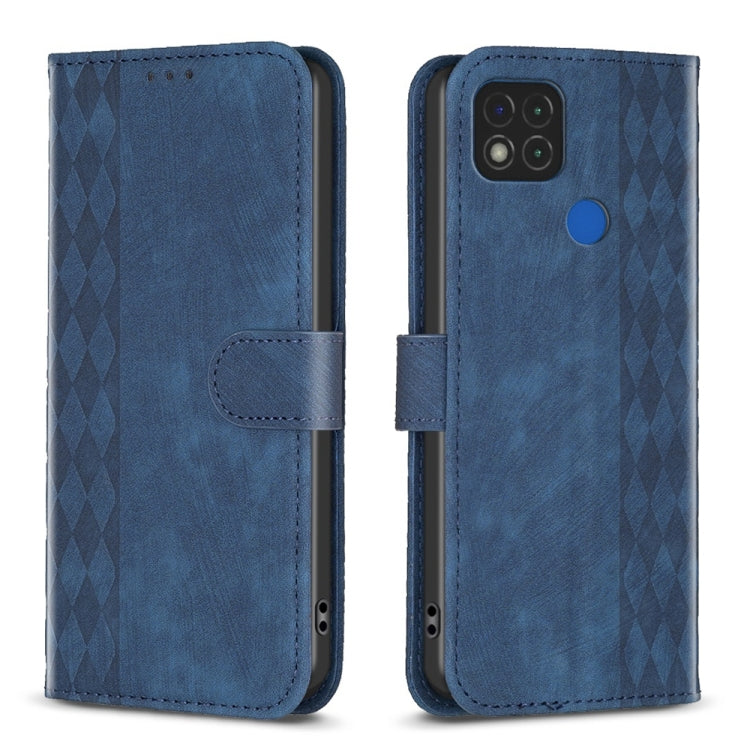 Blue leather phone case with folio strap and plaid embossed pattern, blue button on back.