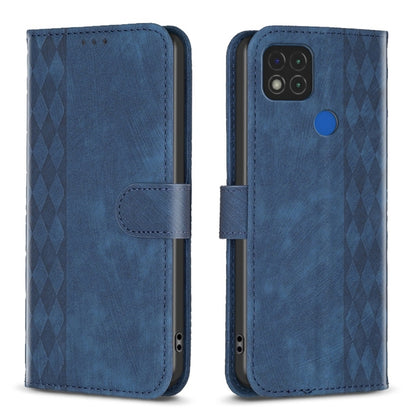 Blue leather phone case with folio strap and plaid embossed pattern, blue button on back.