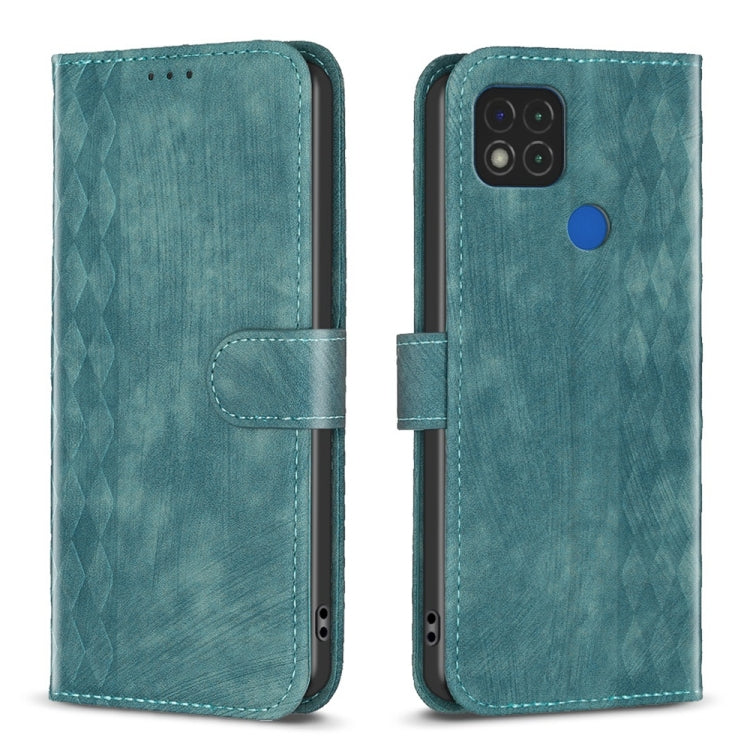 Teal leather phone case with folio strap and plaid embossed texture, blue button on back.