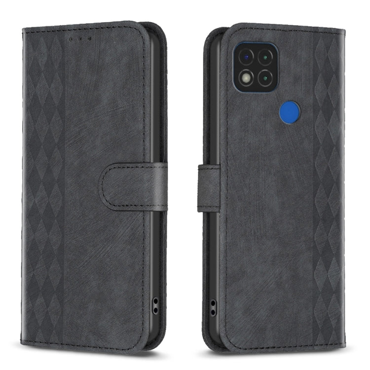 Dark gray leather phone case with folio strap and plaid embossed pattern, blue button on back.