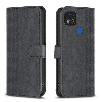 Dark gray leather phone case with folio strap and plaid embossed pattern, blue button on back.