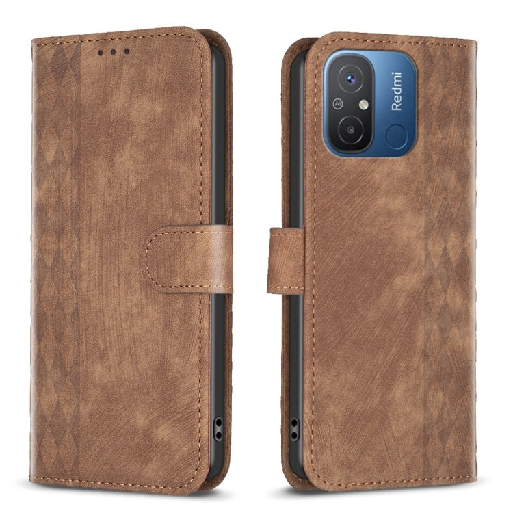 Brown plaid embossed leather phone folio case with dual camera window and strap.
