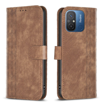 Brown plaid embossed leather phone folio case with dual camera window and strap.