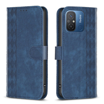 Blue plaid embossed leather phone folio case with dual camera window and fold-over strap.