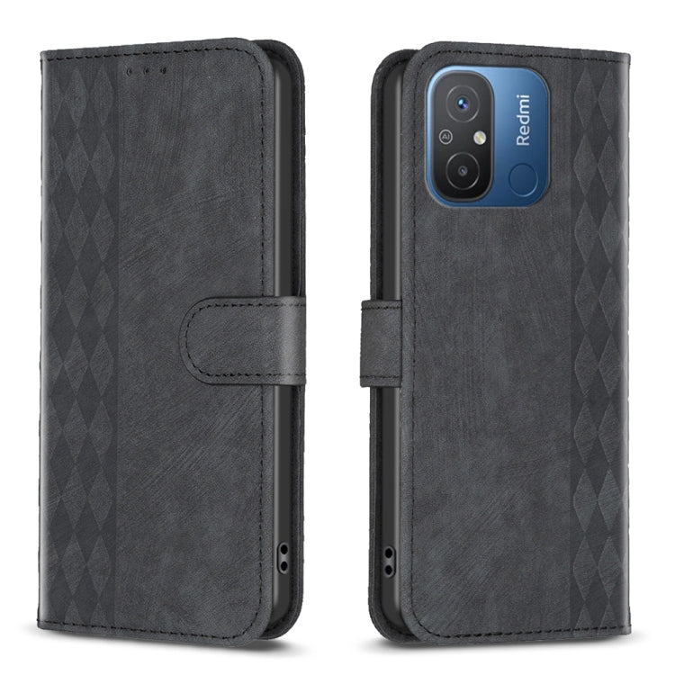 Black plaid embossed leather phone folio case with dual camera window and fold-over strap.
