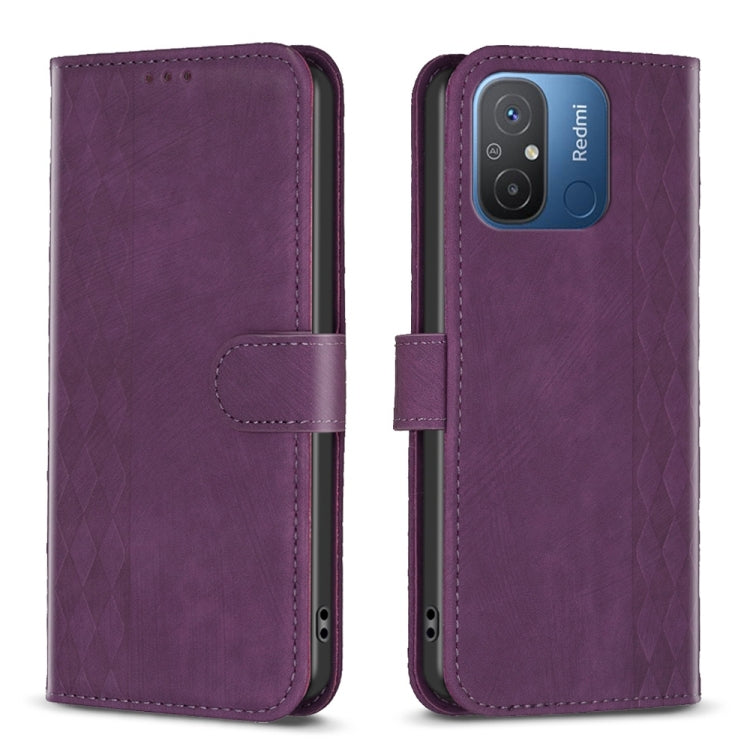 Purple plaid embossed leather phone folio case with dual camera window and strap.
