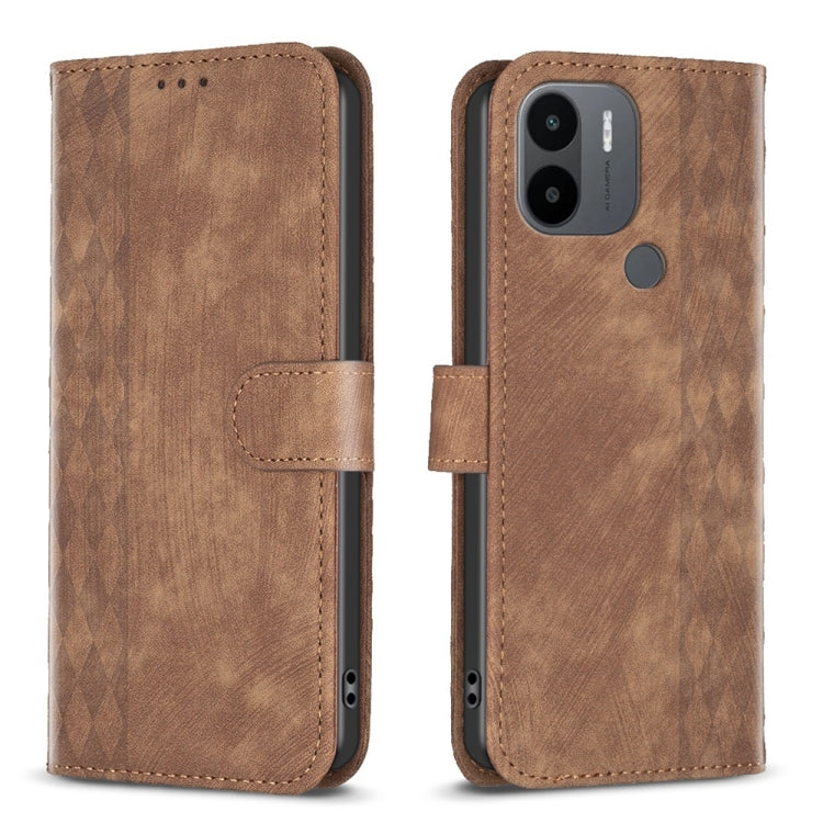 Brown plaid embossed leather phone case with flip cover and camera cutout.