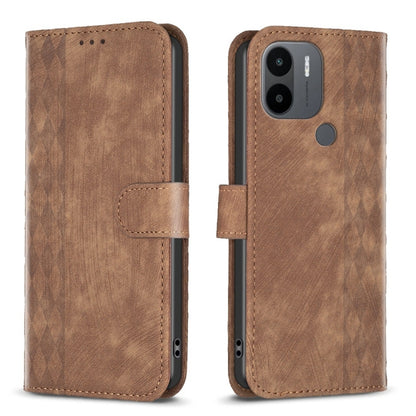 Brown plaid embossed leather phone case with flip cover and camera cutout.