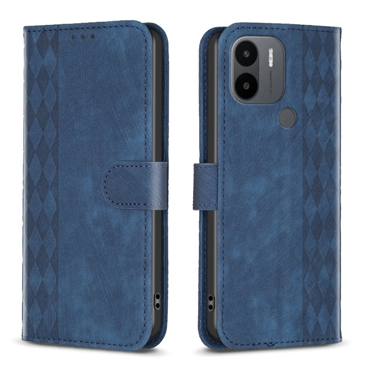 Blue plaid embossed leather phone case with flip cover and camera cutout.