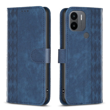 Blue plaid embossed leather phone case with flip cover and camera cutout.