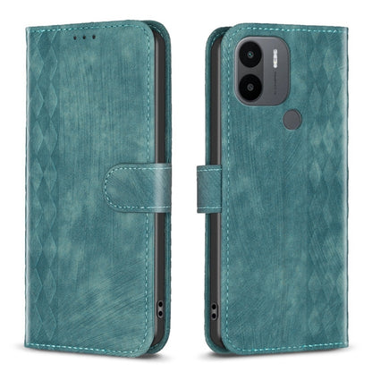 Teal plaid embossed leather phone case with flip cover and camera cutout.