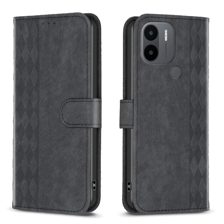 Black plaid embossed leather phone case with flip cover and camera cutout.
