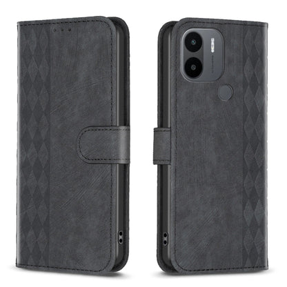Black plaid embossed leather phone case with flip cover and camera cutout.