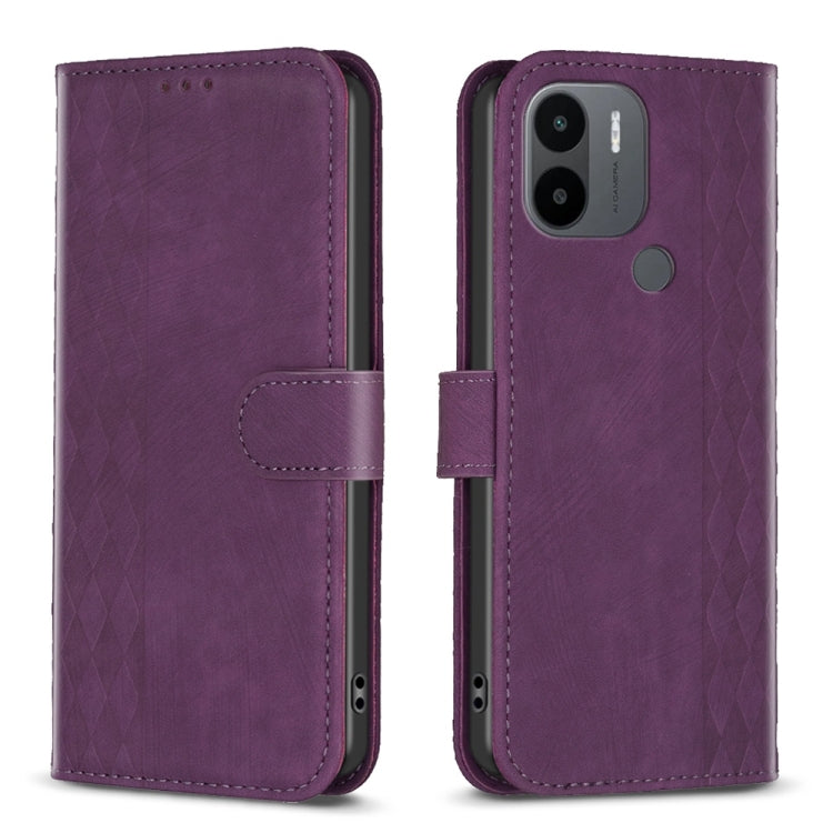 Purple plaid embossed leather phone case with flip cover and camera cutout.