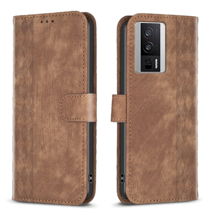 Brown plaid-embossed leather phone wallet case with folio flap and cutouts