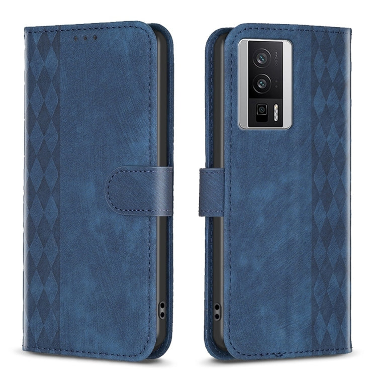 Blue plaid-embossed leather phone wallet case with folio flap and cutouts