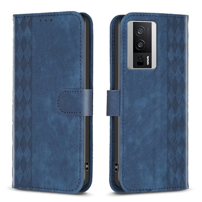 Blue plaid-embossed leather phone wallet case with folio flap and cutouts