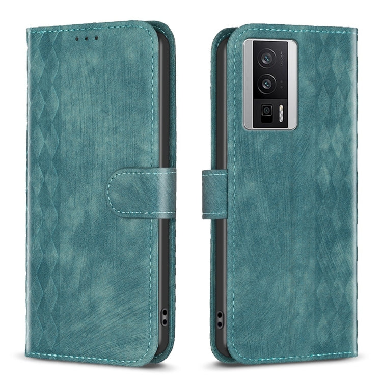 Teal plaid-embossed leather phone wallet case with folio flap and cutouts