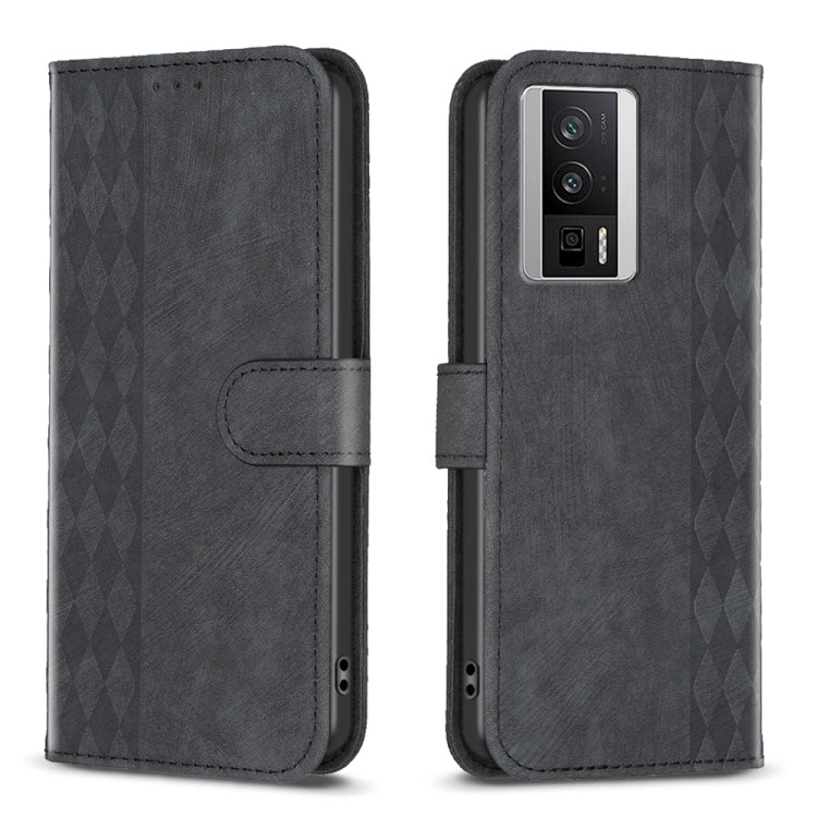 Black plaid-embossed leather phone wallet case with folio flap and cutouts