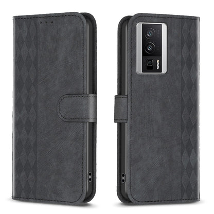 Black plaid-embossed leather phone wallet case with folio flap and cutouts