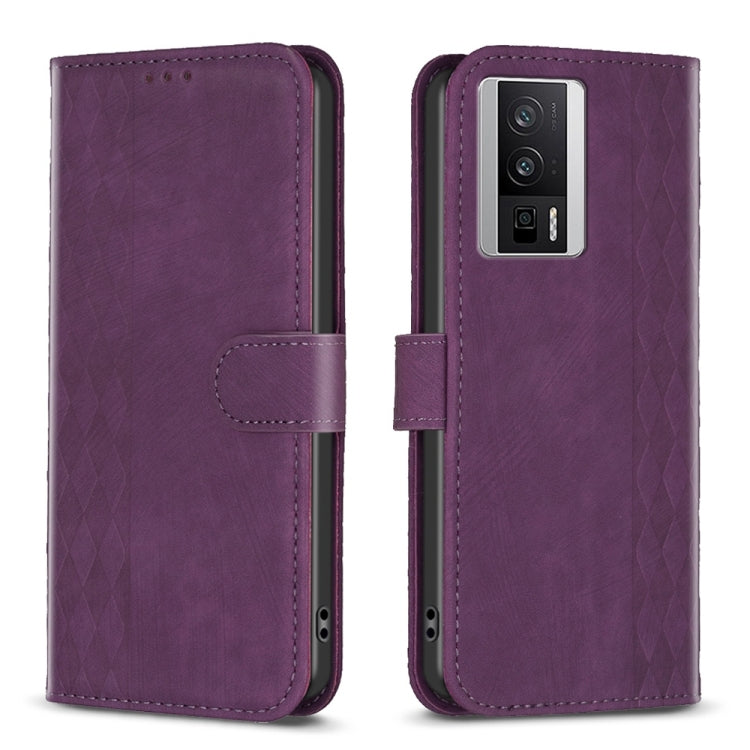 Purple plaid-embossed leather phone wallet case with folio flap and cutouts