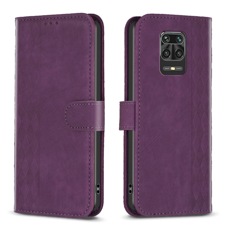 Purple plaid embossed leather folio phone case with flip cover and camera cutout