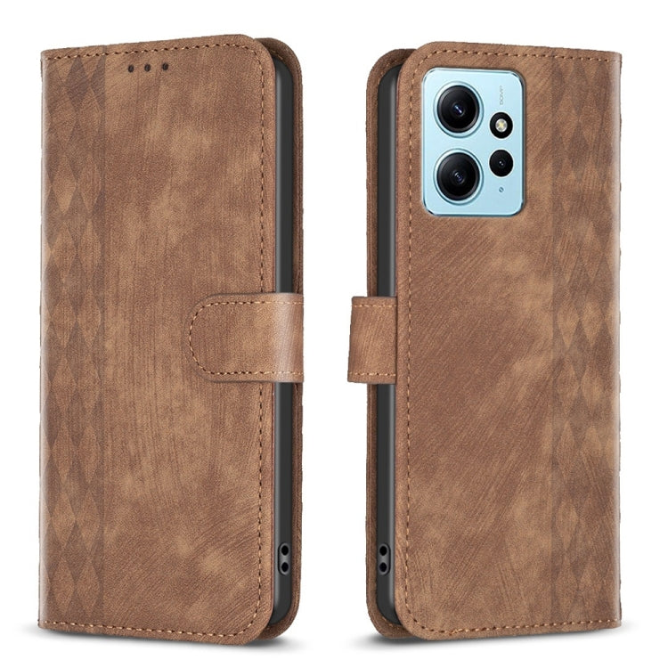 Brown plaid-embossed leather phone case, front and back view with camera cutout.