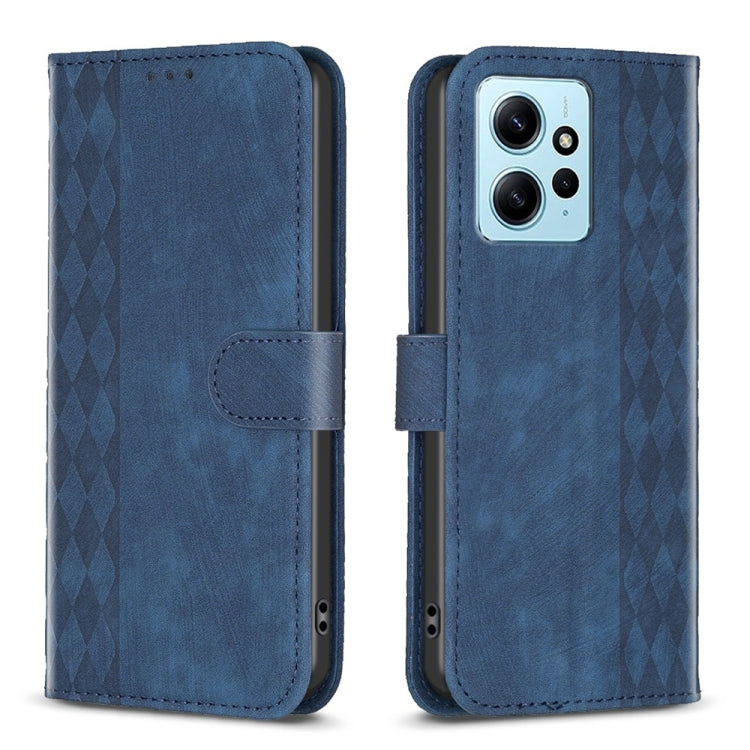 Blue plaid-embossed leather phone case, front and back view with camera cutout.