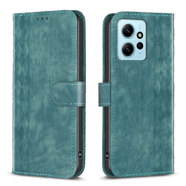 Green plaid-embossed leather phone case, front and back view with camera cutout.