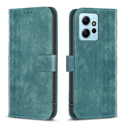 Green plaid-embossed leather phone case, front and back view with camera cutout.