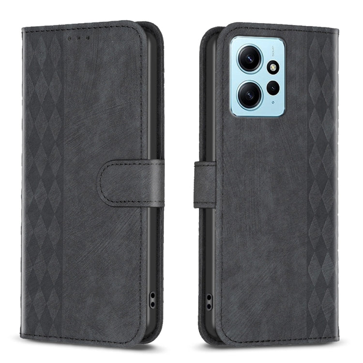 Black plaid-embossed leather phone case, front and back view with camera cutout.