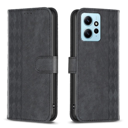 Black plaid-embossed leather phone case, front and back view with camera cutout.