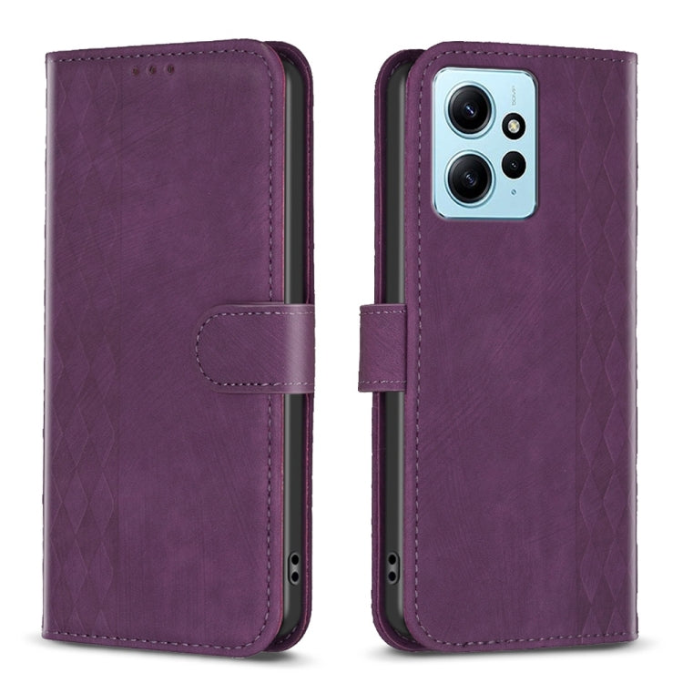 Purple plaid-embossed leather phone case, front and back view with camera cutout.
