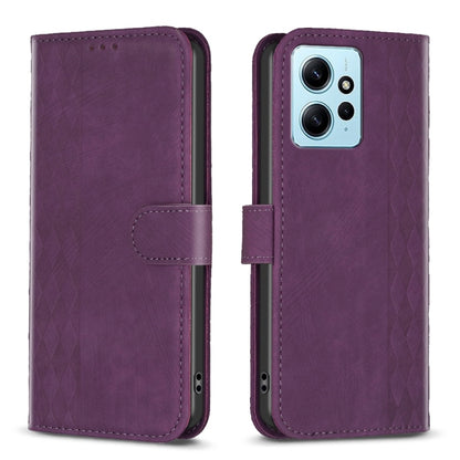 Purple plaid-embossed leather phone case, front and back view with camera cutout.