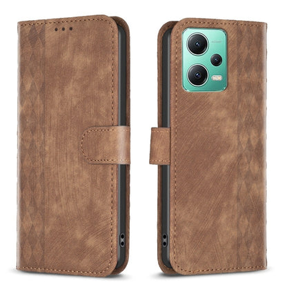 Brown plaid embossed leather phone folio case with magnetic strap and cutouts.