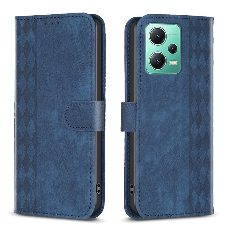 Blue plaid embossed leather phone folio case with fold-over strap and camera openings.