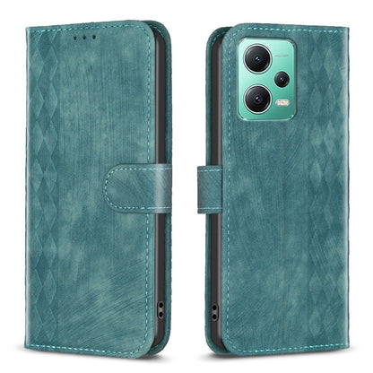 Teal plaid embossed leather phone folio case with magnetic strap and camera cutouts.