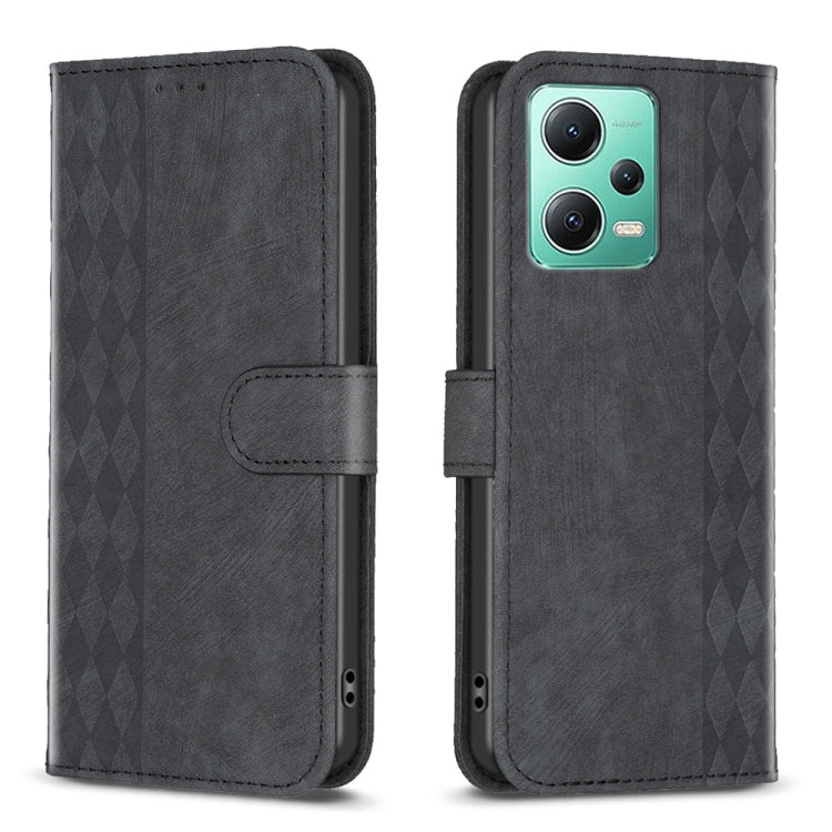 Black plaid embossed leather phone folio case with fold-over strap and camera openings.
