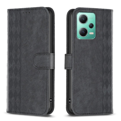 Black plaid embossed leather phone folio case with fold-over strap and camera openings.