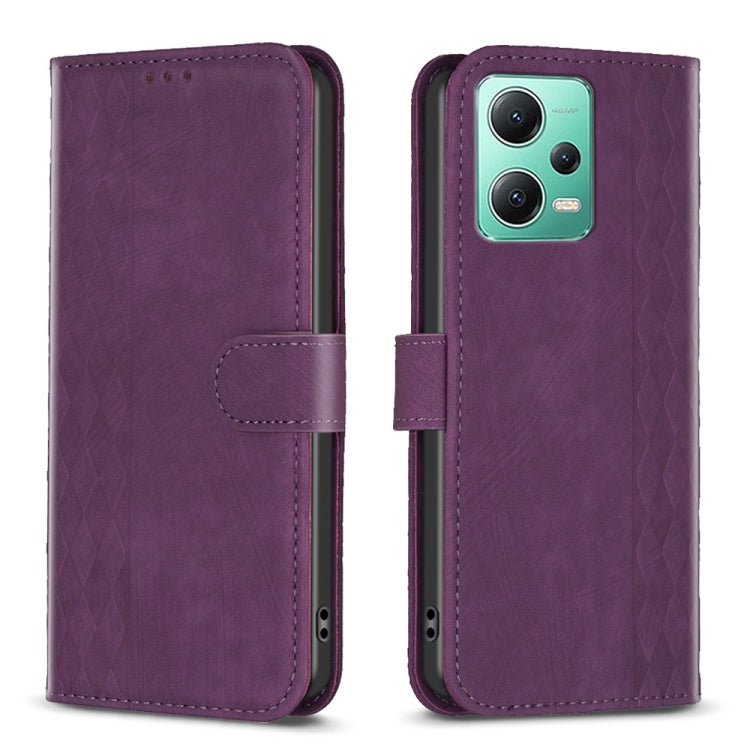 Purple plaid embossed leather phone folio case with magnetic strap and camera cutouts.