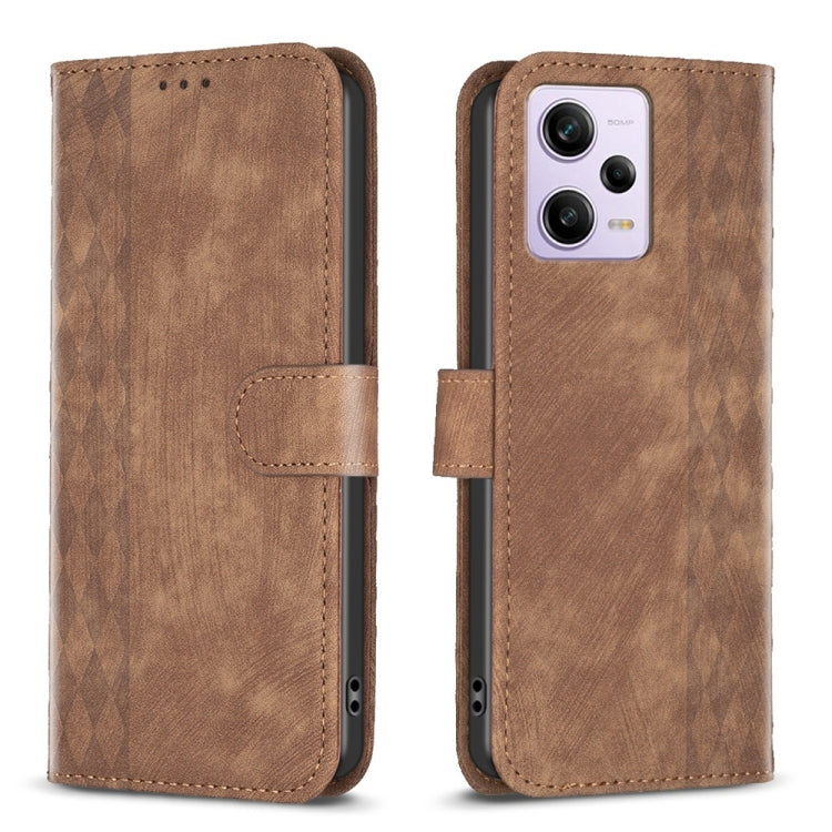 Plaid embossed leather phone case, brown folio wallet style with side strap closure