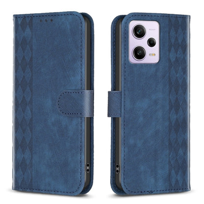 Plaid embossed leather phone case, blue folio wallet style with side strap closure