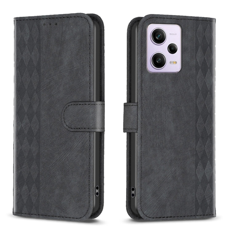 Plaid embossed leather phone case, dark gray folio wallet style with side strap closure