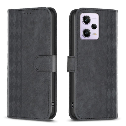 Plaid embossed leather phone case, dark gray folio wallet style with side strap closure