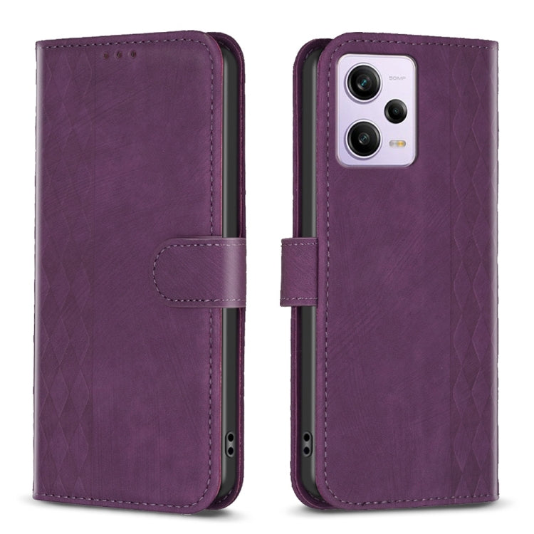 Plaid embossed leather phone case, purple folio wallet style with side strap closure