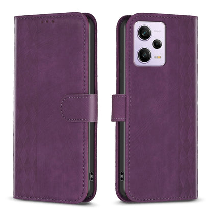 Plaid embossed leather phone case, purple folio wallet style with side strap closure